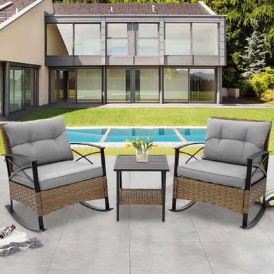 Barbary 3pcs Patio Rocking Rattan Set, Outdoor Bistro Set with Cushions, 2 Rocker Chairs& 2-Tier Side Table
