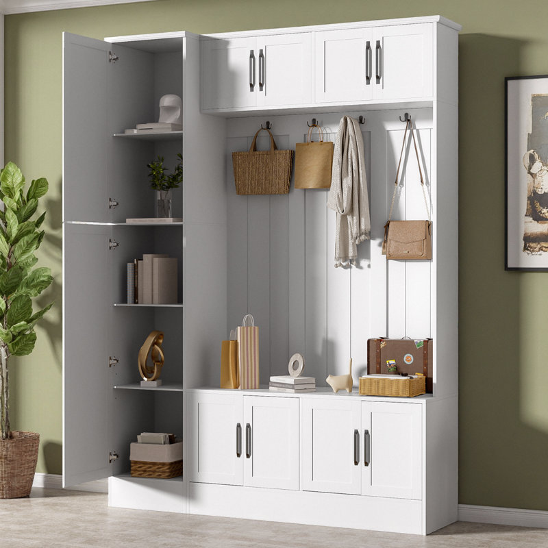 Tall Modern Hall Tree With Shoe Storage, 4-In-1 Entryway Bench, 6 Cabinets, 4 Coat Hooks, And Adjustable Shelf For Hallway And Living Room