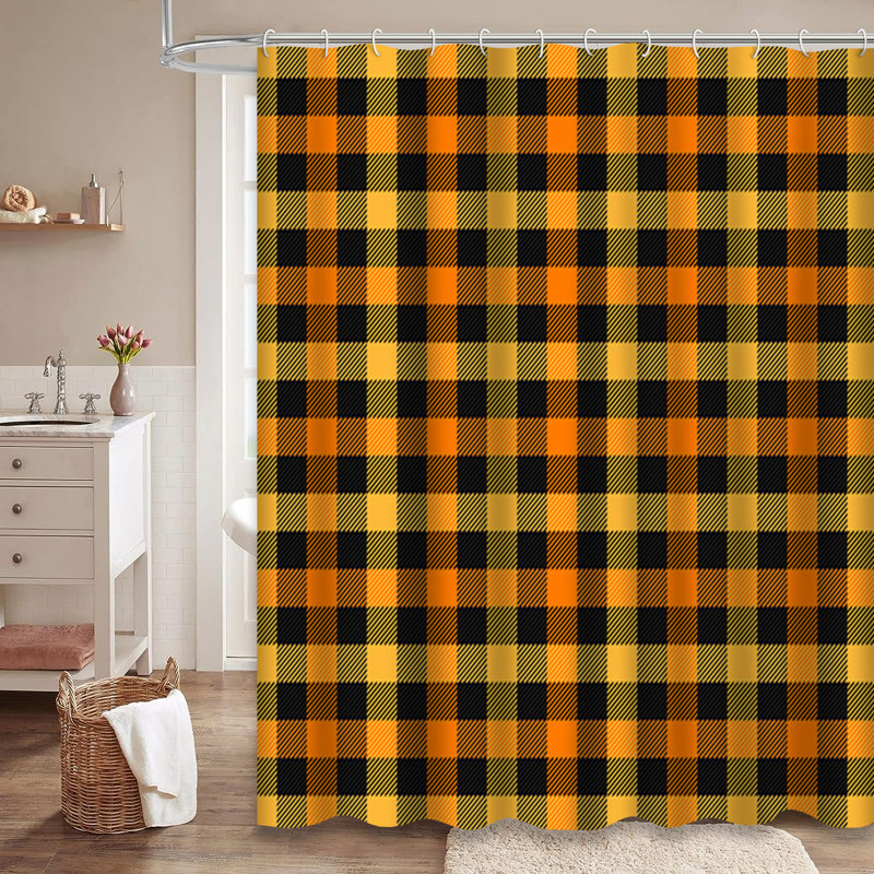 Rideau de douche orange, noir, tartan et écossais avec 12 crochets, L 72 po x l 78 po