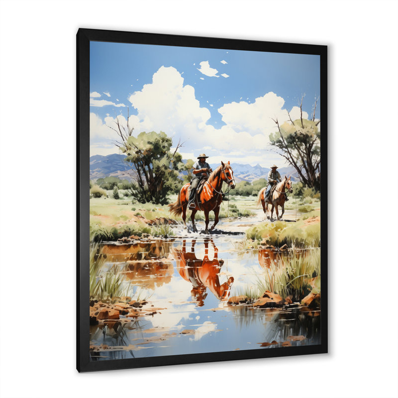 Yeleina " Cowboy Ranch Reflections Cowboys ", Black Picture Framed, 20" H x 12" W x 1" D