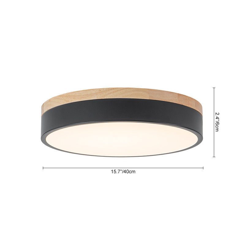 Plafonnier encastré rond scandinave en bois à intensité variable, H 2,4 po x l 15,7 po x P 15,7 po, Noir mat