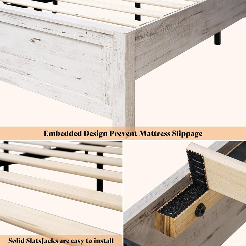 Cadre de lit grand format pour ferme avec tête de lit à porte de grange 49,2 po, cadre de lit plateforme avec lattes de bois, espace de rangement sous le lit, assemblage facile, sans bruit, blanc vieilli