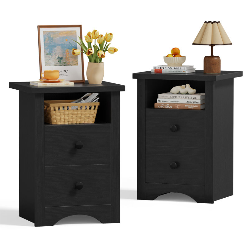 NightStand Set of 2 with 2 Drawers & Open Storage Shelf, Farmhouse End Table Bedside Table for Bedroom Living Room, Black