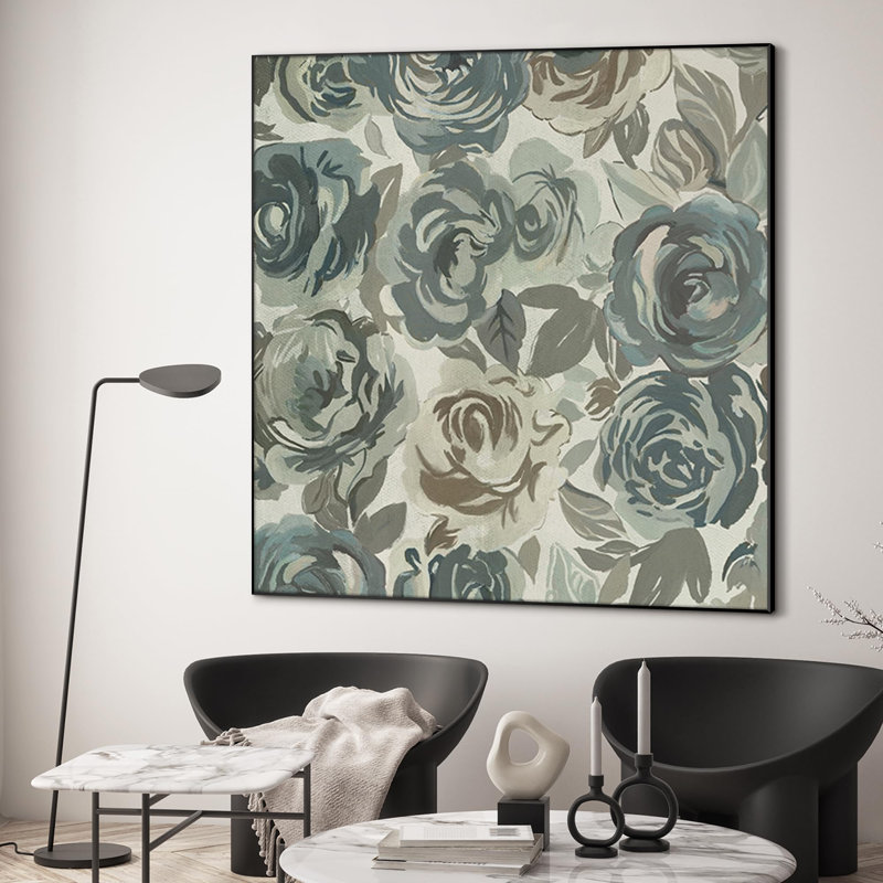 Très grand motif floral imprimé de roses bleues et vertes très grandes, impression encadrée (assemblage requis)