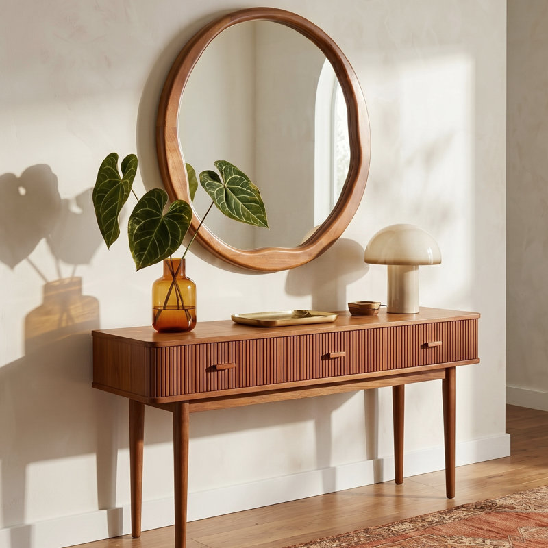 Accent Round Solid Wood Wall Mirror, 30" x 30", Warm Walnut