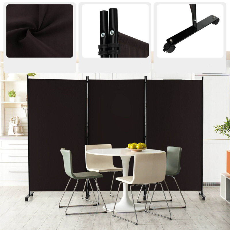 White 3-Panel Folding Room Divider with Lockable Wheels