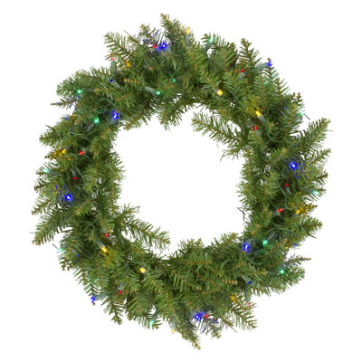 24 In. Green Pre-Lit Rockwood Pine Artificial Christmas Wreath With 50 Multi LED Lights