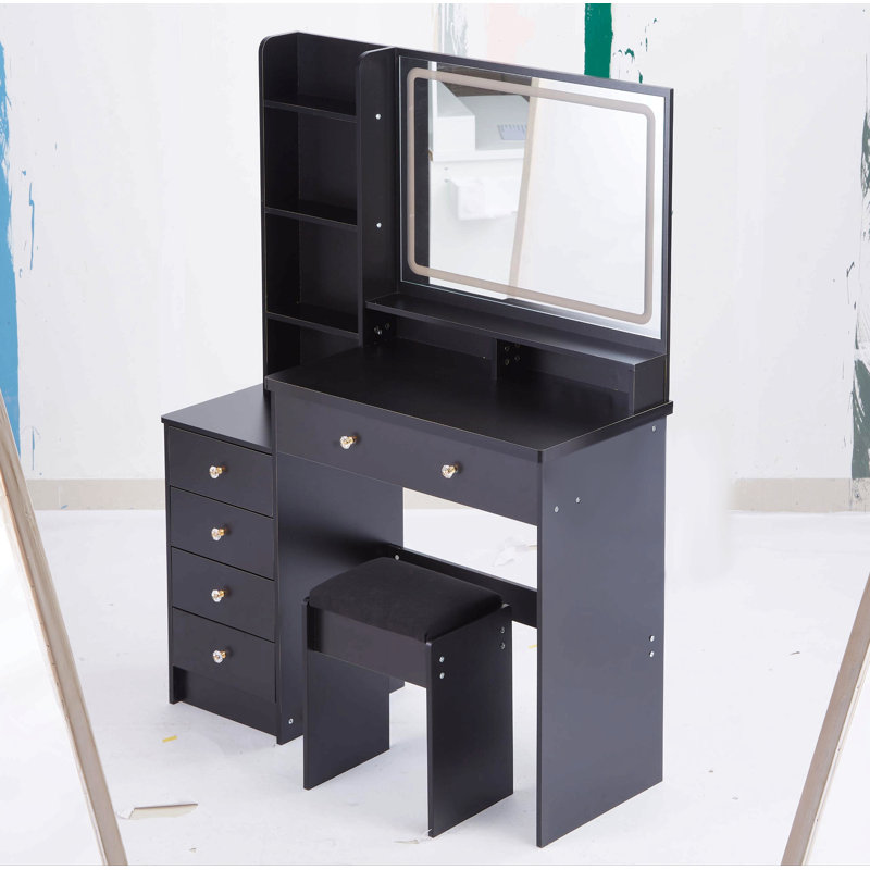 41" Large Size Left Bedside Cabinet Vanity Table+Cushioned Stool, Extra Large Touch Control Led Mirror, 3-Color Switch, Multi Layer High Capacity Storage Fashionable Dresser, Suitable For Large Space
