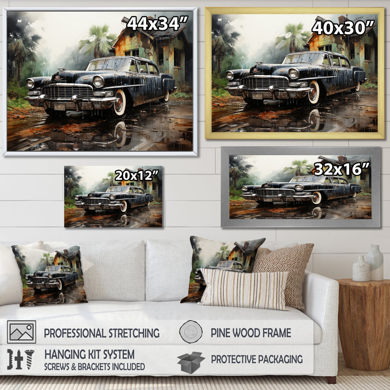 «Noir Vintage Car Elegance», reproduction d'art sur toile rétro, H 24 po x l 32 po x P 1 po, Cadre photo doré simple