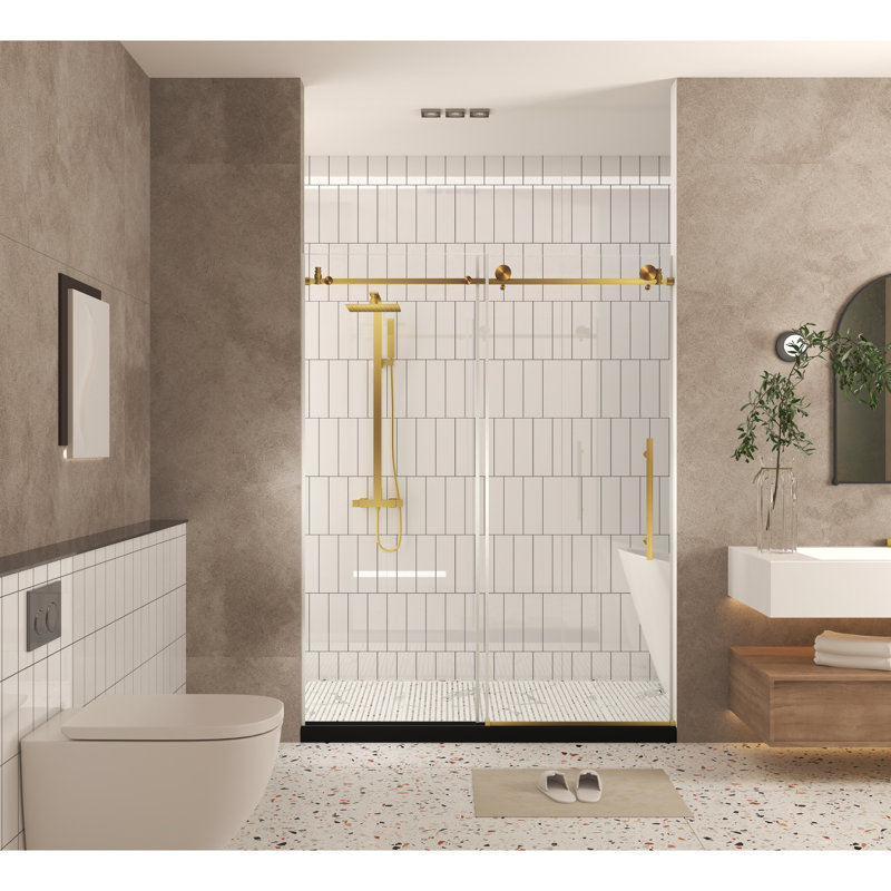 1/4"(6 Mm) Clear Tempered Glass Shower Door 56 - 60"w X 76"h In Brushed Gold, American Style For Bathroom, With Proof Film, Stainless Steel Handle, Large Wheels On Round Tracks, Easy To Clean And