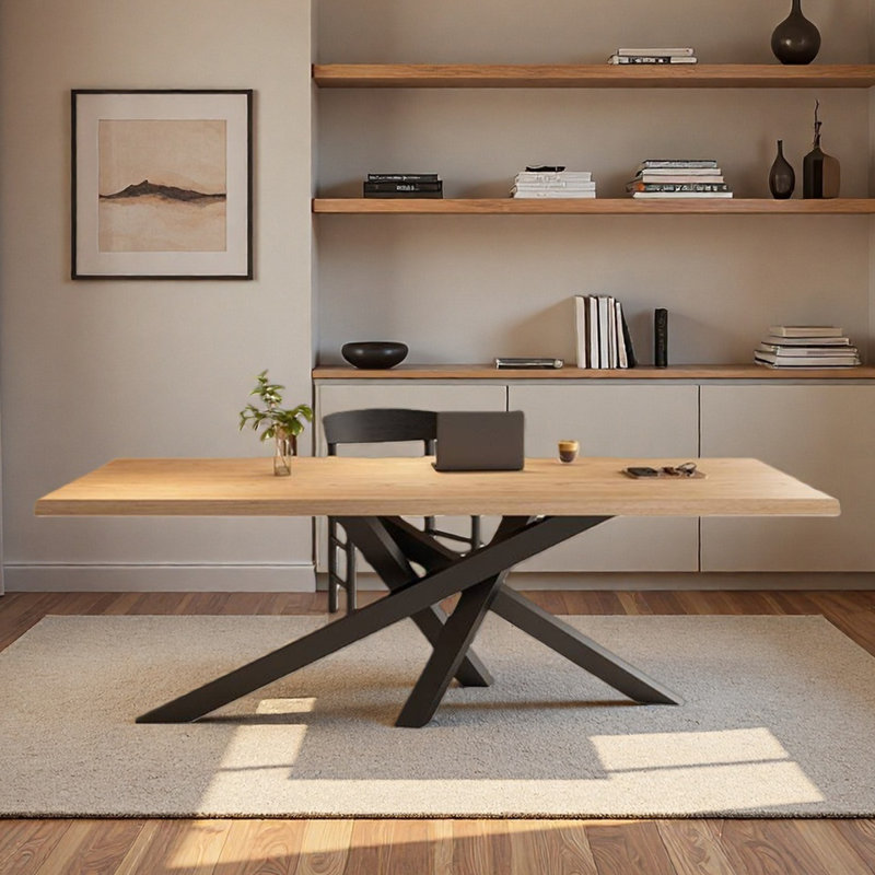 Table de bureau longue en bois massif de conception simple, Bois robuste / noir, H 29,53 po x l 70,87 po x P 31,5 po