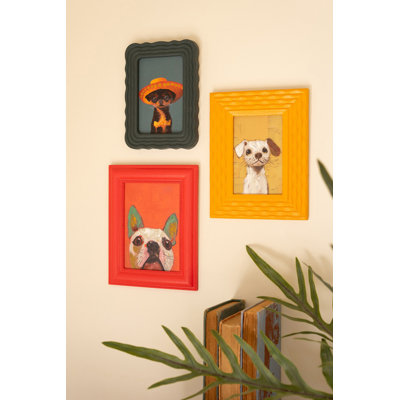  Set Of Three Wood Framed Canvas Painting Dog Decorative Wall Accent For Kitchen Natural Finish