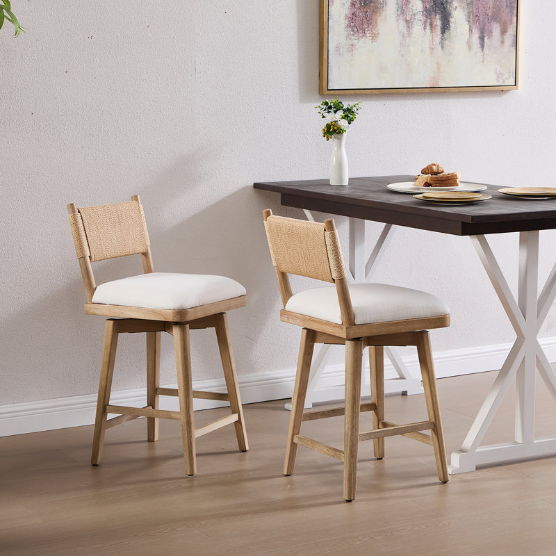Modern Rustic Swivel Solid Wood Barstool With Twine Woven Backrest And Stirrups, Log