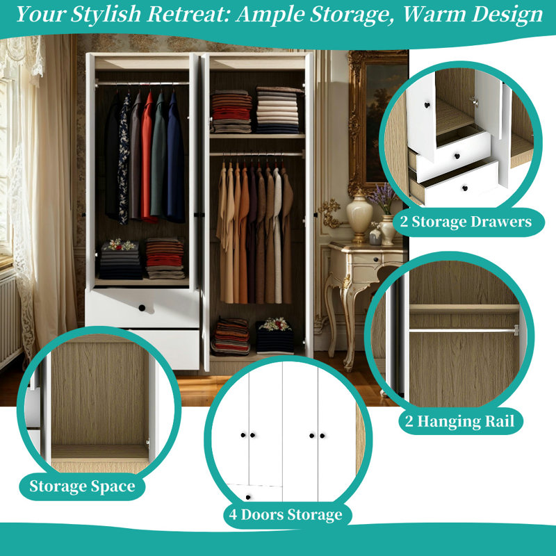 Armoire-penderie en bois de pin avec deux tringles et tiroirs suspendus