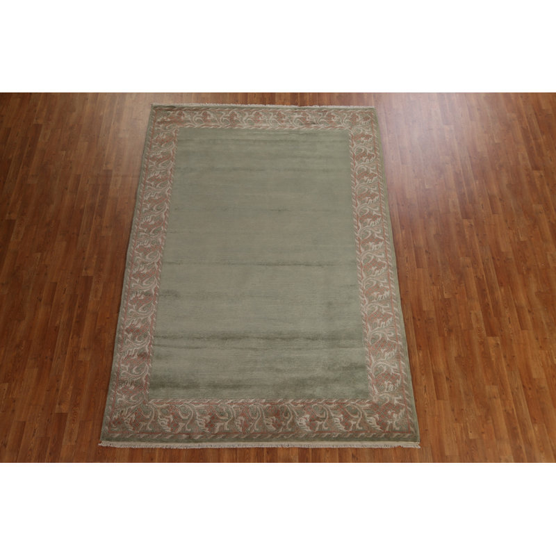 Tapis vert / brun noué à la main de conception unique 6 pi 7 po x 9 pi 7 po New Age