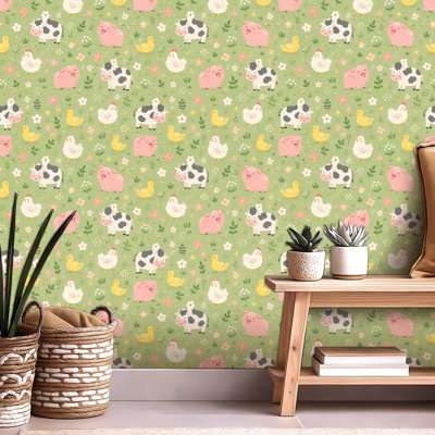 Peel and Stick Wallpaper Contact Paper Cute Farm Animals Seamless Pigs Cows Self Adhesive and Removable 24in x 118in(60x300cm)