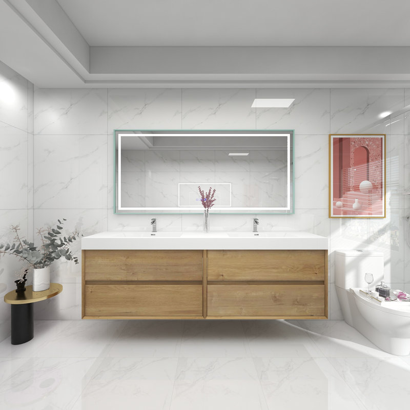 83.4'' Double Bathroom Vanity with Acrylic Top, Dark Oak