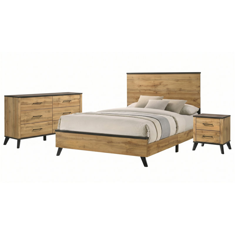 Ensemble de chambre à coucher de style moderne Mid-Century Timberglen Elmwood (1 lit + 1 coiffeuse + 1 table de chevet)