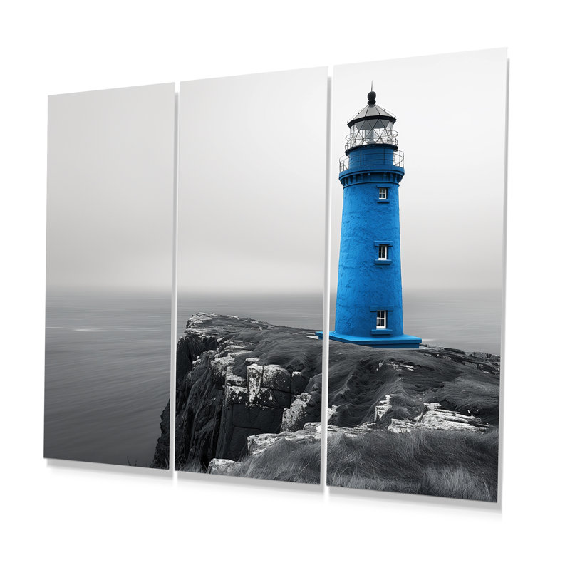 Ensemble de salon art mural bleu avec phare monochrome en hiver I - Phares, Métal métal, H 28 po x l 36 po x P 1 po