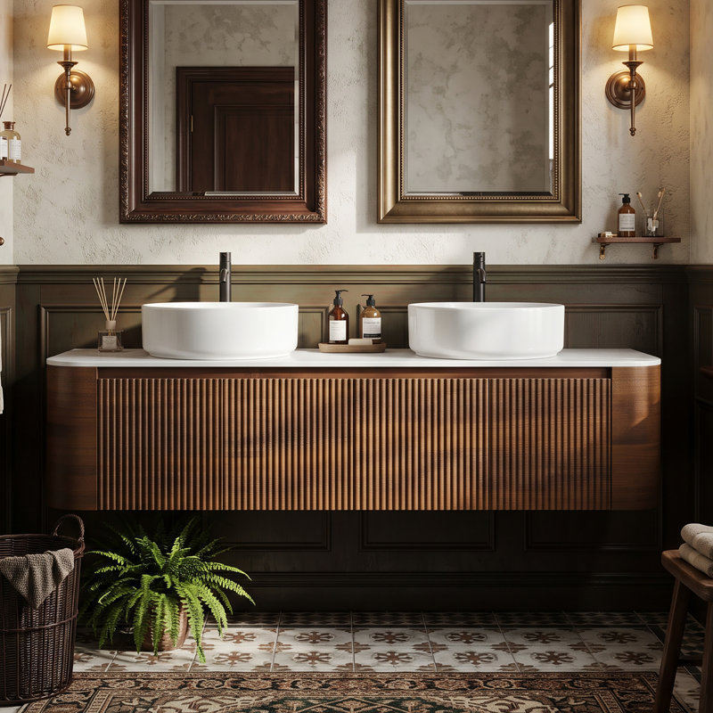 Wall Mounted Single Double Single Vanity Bathroom Vanity With Engineered Marble Top, Walnut