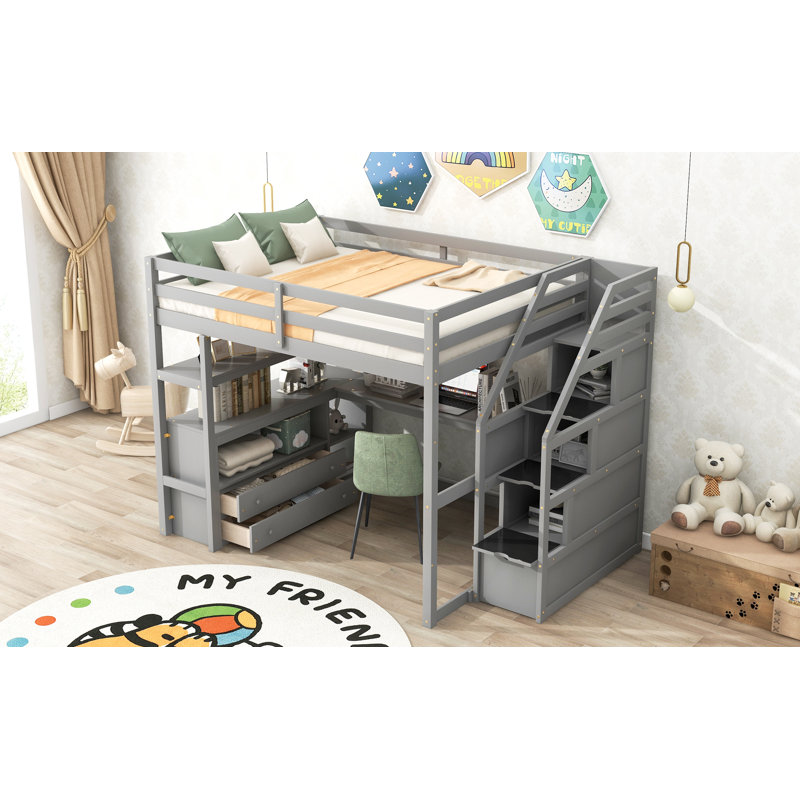 Lit mezzanine double avec bureau, tablettes de présentation, deux compartiments de rangement et escalier, gris, Gris