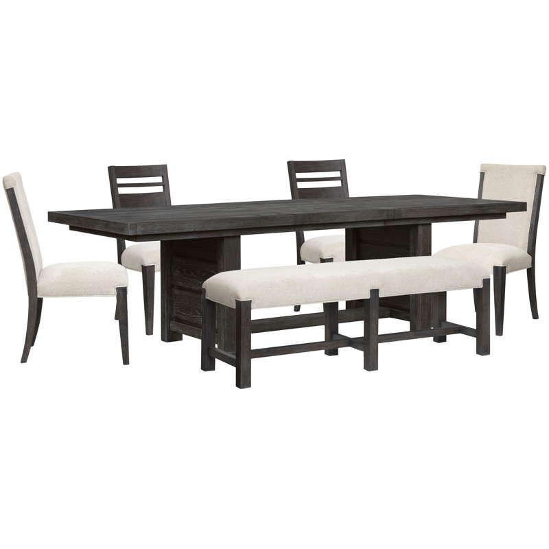 Extendable Trestle Dining Table With 2 Side Chairs 2 Upholstered Side Chairs And Bench, 6 Pieces: Table, 4 Chairs, Bench