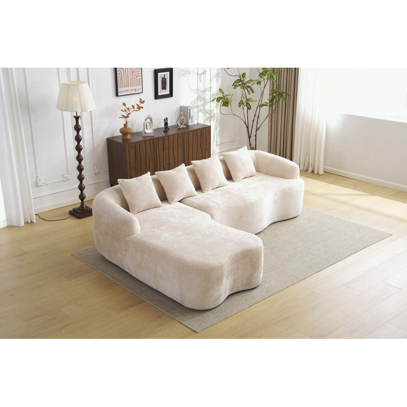 L-Shape Sectional Sofa with Curved Chaise, Beige Polyester Blend