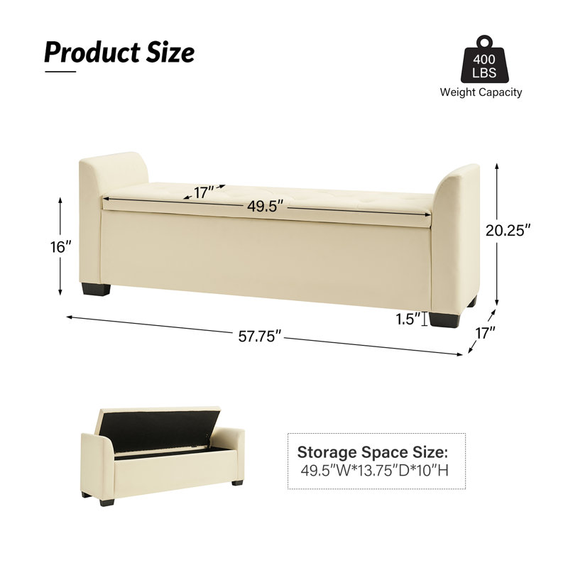 Stilla Transitional 57.75"Wide Tufted Storage Bench with Flared Arms
