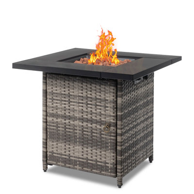 Black Gas Fire Pit Table – Stainless Steel+wicker With Volcanic Stone, 2-in-1 Outdoor Dining/coffee Table, Patio/backyard Party Essential