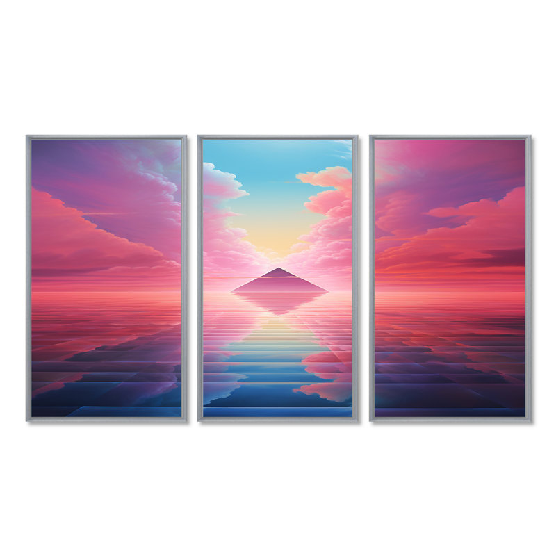 «Pink Diamond Horizon», ensemble d'art mural paysage abstrait, Encadrement argenté, H 28 po x l 36 po x P 1 po