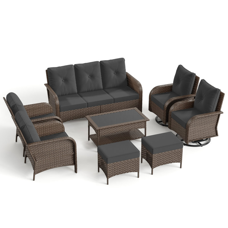 Ensemble de conversation de patio 8 pièces avec chaises berçantes pivotantes, ensemble de meubles d'extérieur en osier et structure en acier toutes saisons avec table basse de rangement, repose-pieds pour la cour, le porche, le jardin