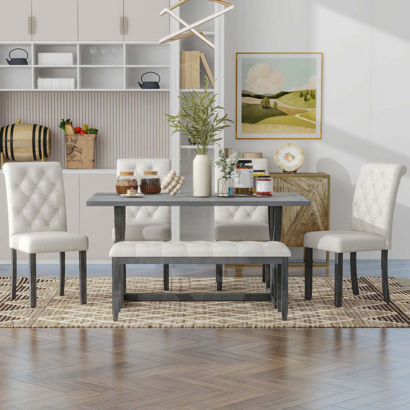 6-Piece Retro Rectangular Dining Table Set, Gray Wash, Light Gray