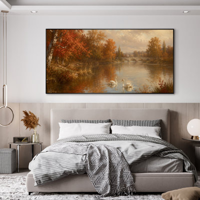 Très grand reproduction d'art sur toile - Paysage de rivière d'automne avec des cygnes, des arbres et un pont, vue panoramique sur le décor naturel pour le salon ou la chambre à coucher «Assemblage requis (cadre non fini)»