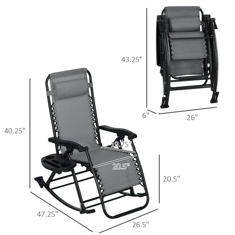 Ensemble de 2 chaises berçantes d'extérieur pliables, sans gravité, inclinables avec coussin, porte-gobelet et téléphone, gris. Structure stable, fente de support de chaise berçante rembourrée et respirante, fabrication en acier