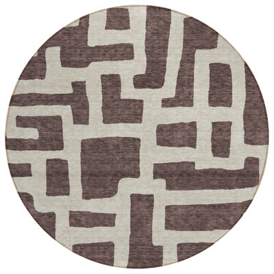 Tapis d'intérieur rond lavable abstrait brun et beige 8 pi