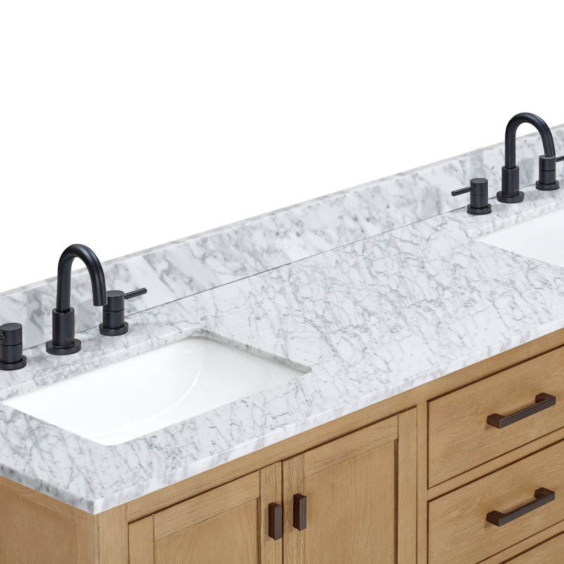Meuble-lavabo double 72 po avec plateau Souther, 72" , Blanc de Carrare, Chêne brossé