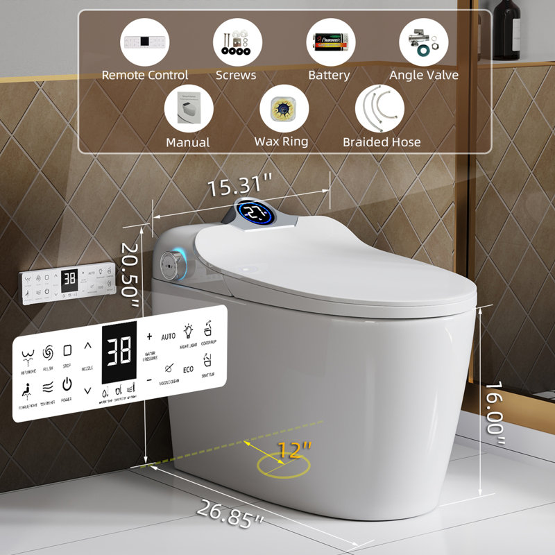 Toilette intelligente 1,28 GPF avec capteur de pied, siège chauffant à 3 niveaux et affichage à DEL