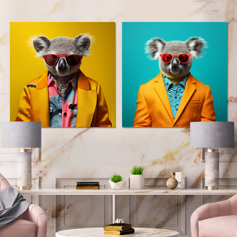 Ensemble de 2 décorations murales jaunes Koala I - Koala, Toile tendue, H 16 po x l 33 po x P 1 po