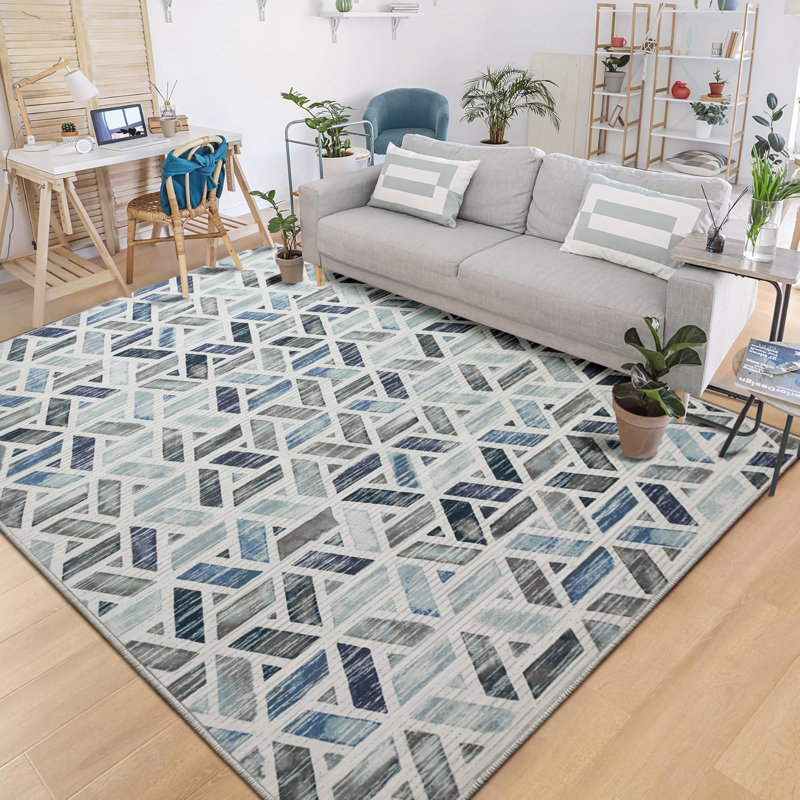 Zara Blue & Grey Geometric Printed Rug - Modern Effect Area Rug for Stylish Living Spaces, Rectangle 200 x 290 cm