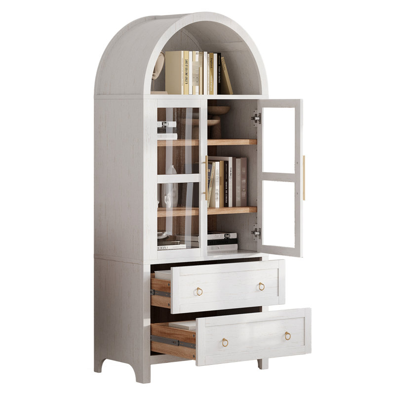 Armoire de cuisine arquée avec 2 tiroirs, armoire de rangement avec tablettes réglables, porte vitrée