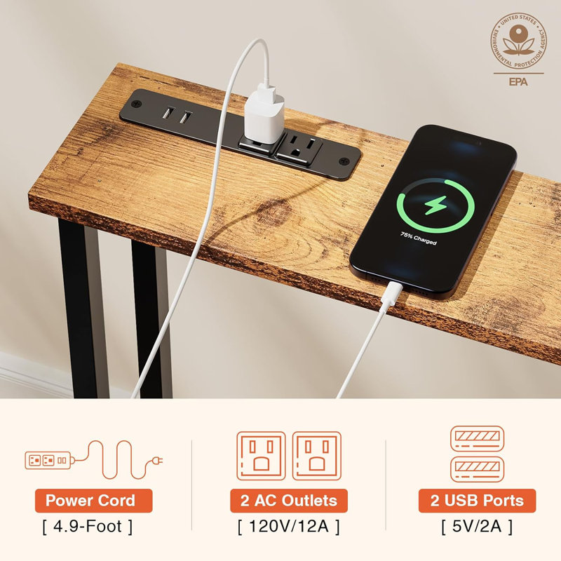 Console rustique étroite avec prises électriques et ports USB pour appareils de charge
