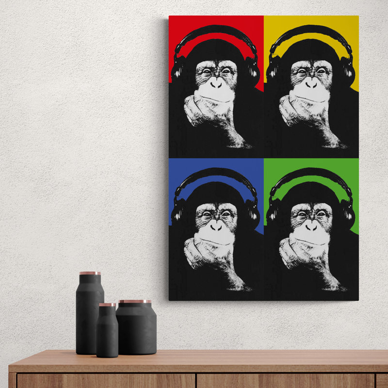 Monkey Headphones Thinking four colours Blue Green Red Yellow 1 Piece Wrapped Canvas Wall Art, 117" H x 81" W x 4" D