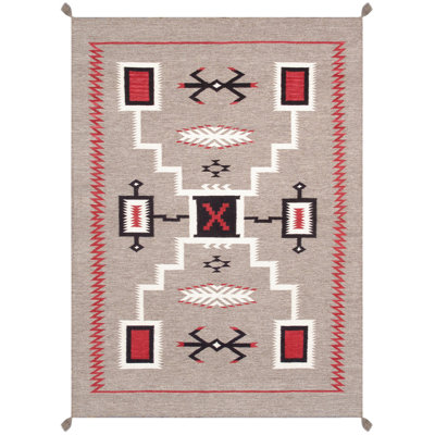Tapis géométrique en laine tissé à plat à la main à motif rectangulaire brun / rouge / noir 5 pi 1 po x 7 pi Tuscany