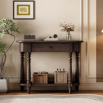Retro Curved Corner Narrow Console Table With Top Drawer And Open Shelf For Entryway, Hallway And Living Room