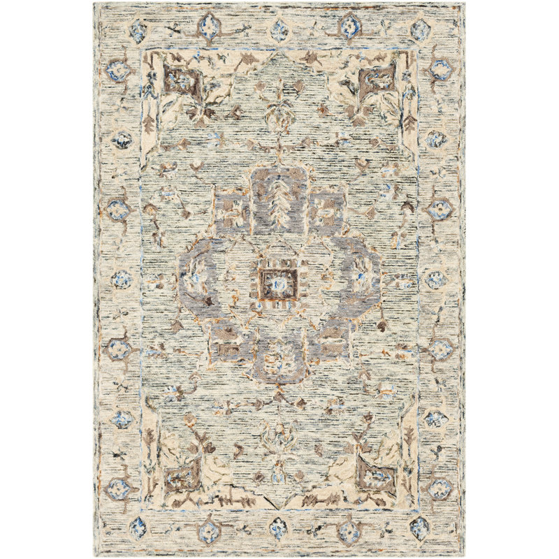 Wimmer Handmade Tufted Wool Green/Beige Rug, Rectangle 2' x 3'