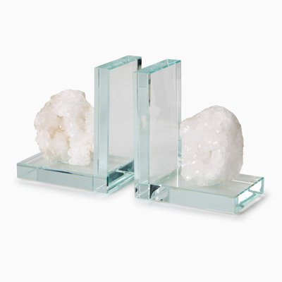 Set of 2 White Quartz Crystal Bookends Decorative Stone Accent 9.5" W