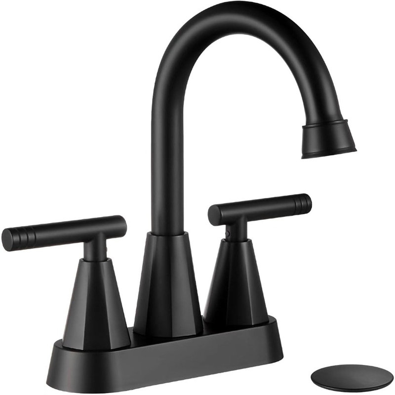 Robinet de salle de bain Cobbe 3 trous, 4 pouces avec bonde escamotable et 2 tuyaux d'alimentation, robinet de salle de bain central à 2 poignées pour meuble-lavabo, noir mat minuit