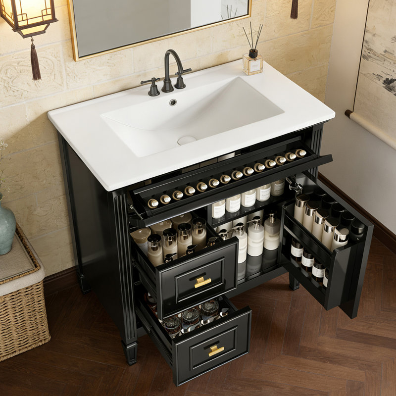 30-Inch Bathroom Vanity With Ceramic Sink,Solid Wood & Mdf Cabinet,Featuring 1 Flip Drawer,2 Drawers, Black