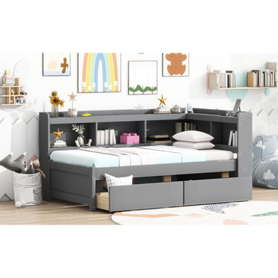 Lit simple avec bibliothèques en L et prises de courant, gris, unités à 2 tiroirs - Pièce de chambre à coucher dans les tiroirs gris Option confortable