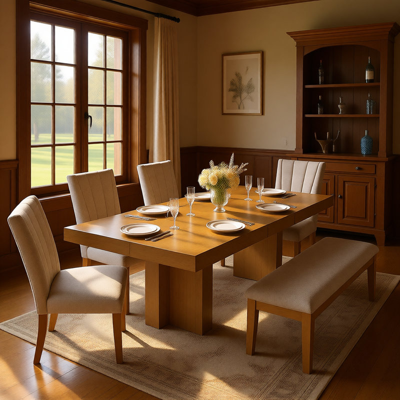 Farmhouse 78.1" Extendable Dining Set for 6 with Bench, 4 Upholstered Chairs, Thick Tabletop, Beige, Yellow, Yellow